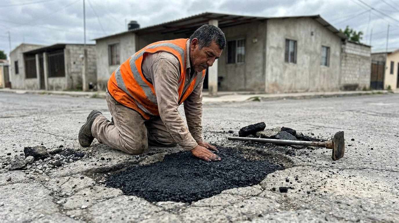 Trabajador realizando bacheo correctivo con mezcla asfáltica en frío