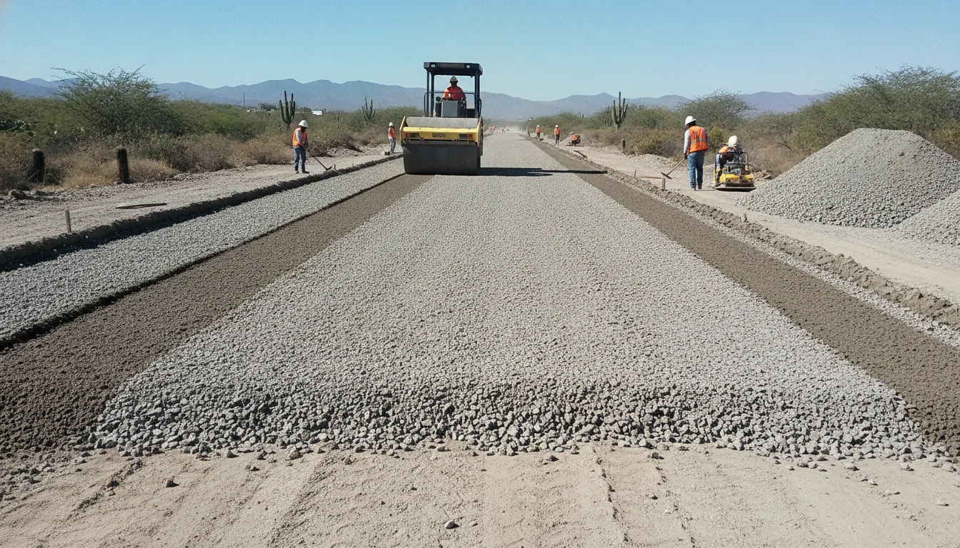 Base hidráulica de material granular siendo compactada con rodillo antes de la carpeta asfáltica
