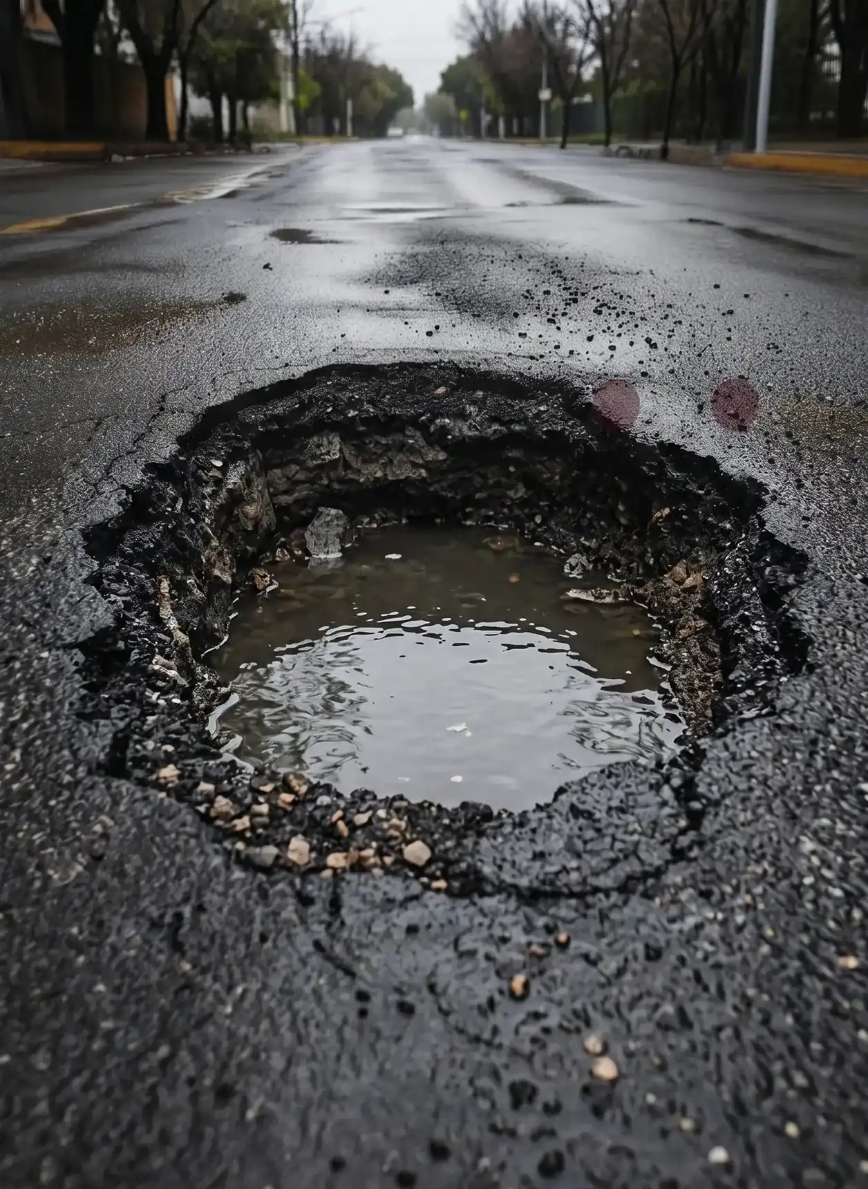 Bache lleno de agua de lluvia antes de repararse con bulto de asfalto en frío