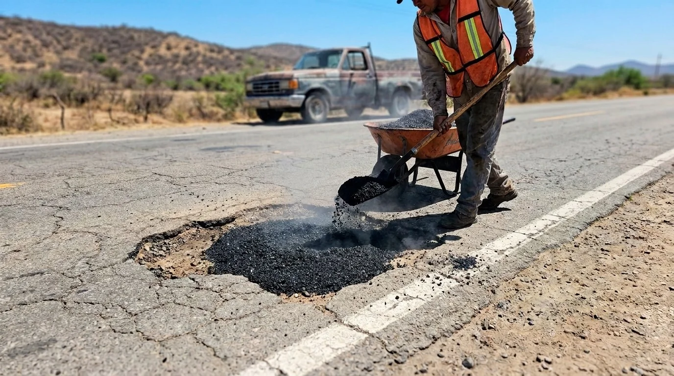 Trabajador aplicando carpeta asfáltica en frío en una carretera