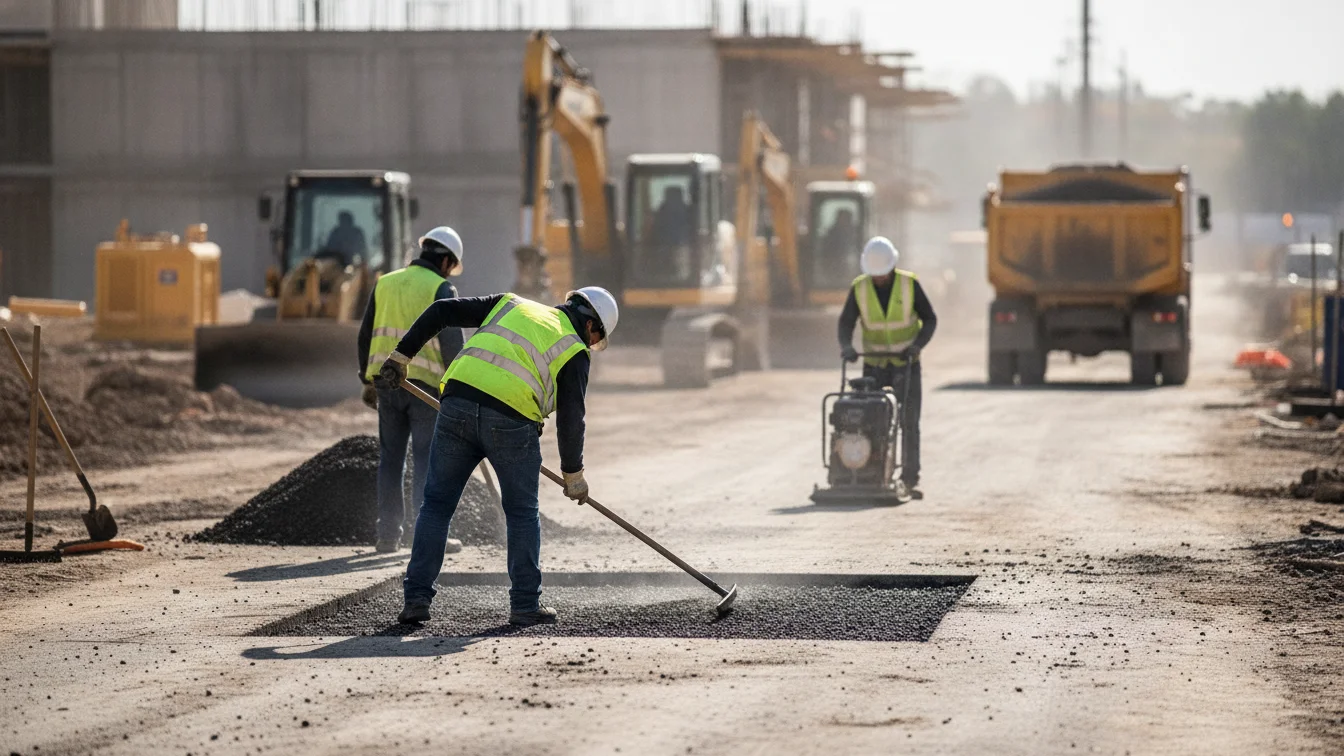 Cuadrilla de constructora aplicando asfalto en frío en el acceso de una obra
