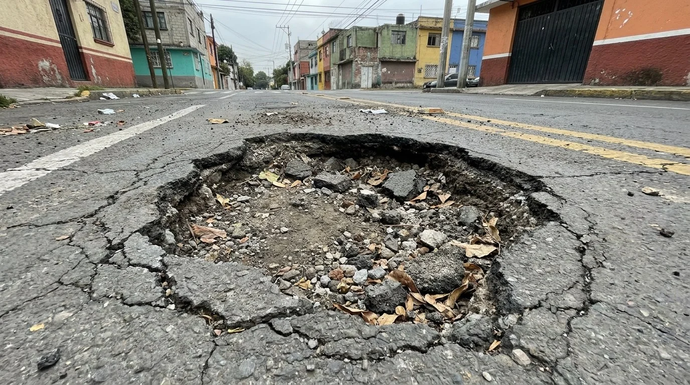 Bache profundo en una calle urbana de México antes de la reparación