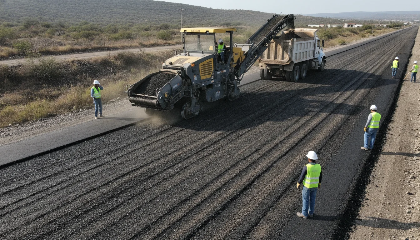 Fresadora retirando la capa superior de un pavimento asfáltico y dejando superficie estriada