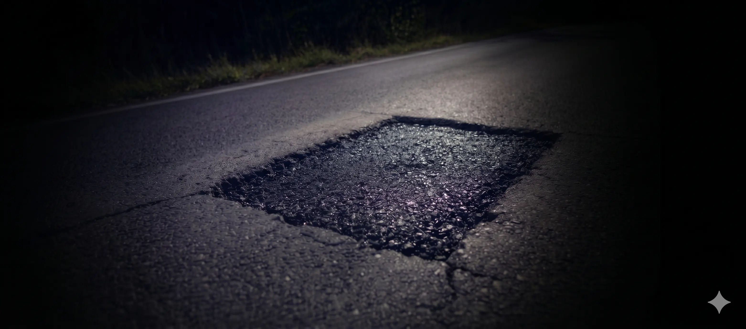 Bache en una carretera de noche antes de repararse con asfalto en frío