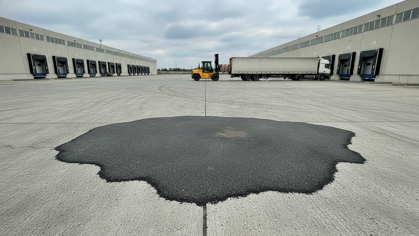 Patio de maniobras industrial con un bache reparado y tráiler en los andenes