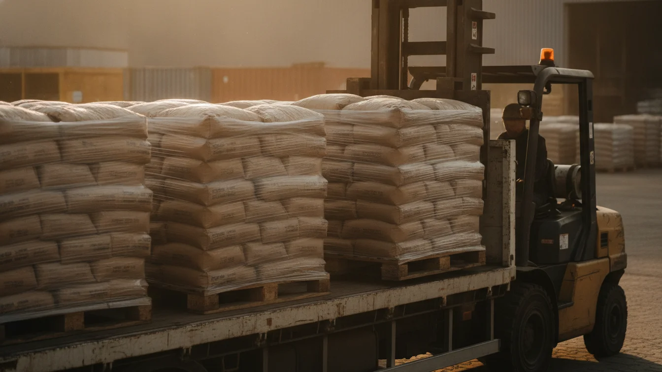 Camión plataforma cargado con tarimas de sacos de asfalto en frío para mayoreo