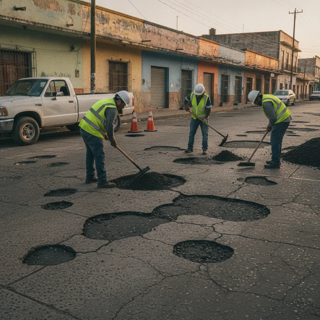 Cuadrilla técnica reparando baches con mezcla asfáltica en frío en un programa de mayoreo