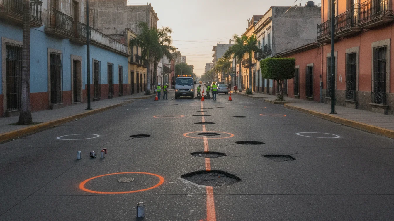 Avenida urbana con varios baches marcados y cuadrilla municipal trabajando