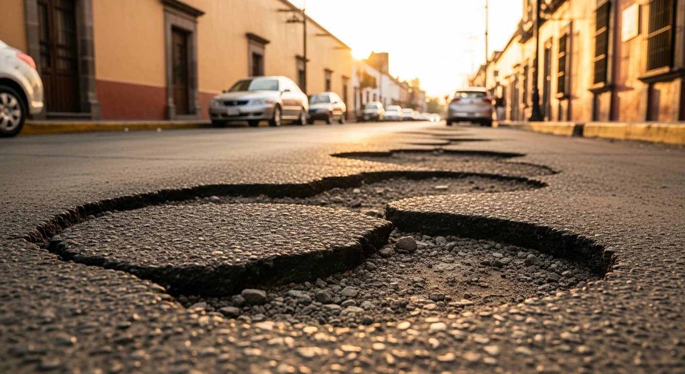 Pavimento asfáltico reparado y liso en una calle mexicana