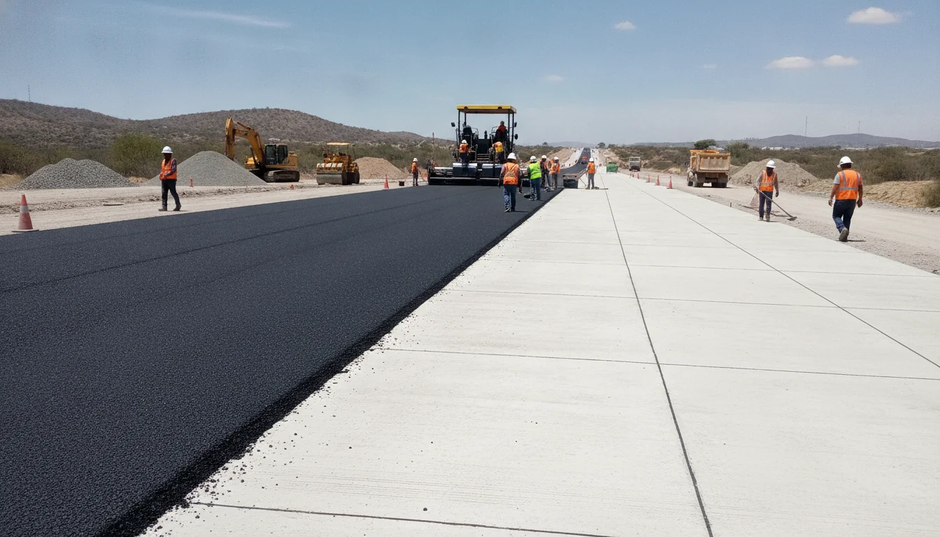 Carretera donde un tramo de pavimento asfáltico flexible se encuentra con un tramo de concreto rígido