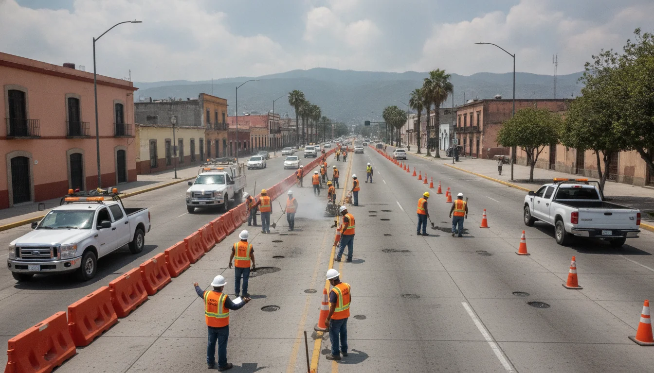 Cuadrillas municipales trabajando simultáneamente en un programa de bacheo sobre una avenida urbana